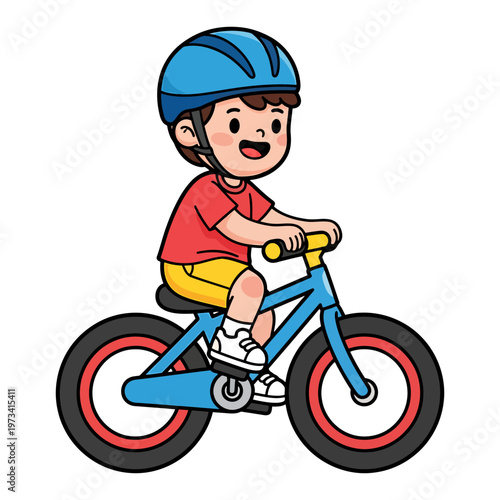 Cheerful young boy safely enjoying a fun ride on his bicycle, wearing a protective blue helmet and vibrant outfit, embodying childhood adventure and healthy outdoor activity with a bright smile