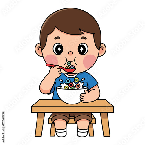 Delightful cartoon of a young boy happily enjoying a bowl of colorful breakfast cereal with milk, depicting healthy eating habits and the joy of childhood mornings