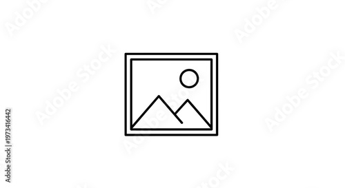 Simple Line Art Icon of a Landscape with Mountains and Sun in a Square Frame