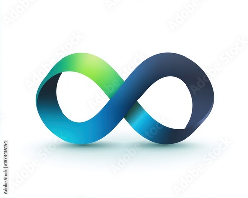 3d blue to green gradient figure-eight ribbon floating on white background, smooth and modern conveying continuity and balance