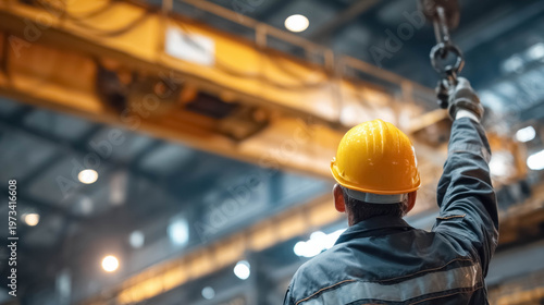 Industrial worker operating overhead crane in large factory warehouse manufacturing industry heavy machinery and engineering concept