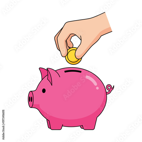 Hand placing a shiny gold coin into a vibrant pink piggy bank, symbolizing smart financial planning, strategic savings, and the journey towards wealth and a secure future