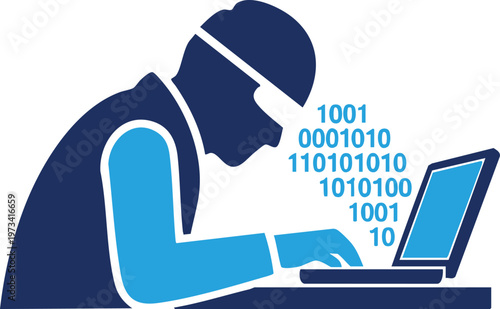 A depiction of a hacker engaged with binary code and a laptop representing cybersecurity challenges