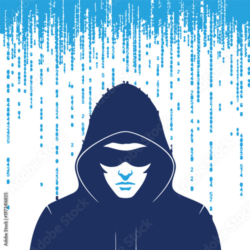 An enigmatic figure in a hooded cloak amidst a digital data storm representing modern cybersecurity challenges