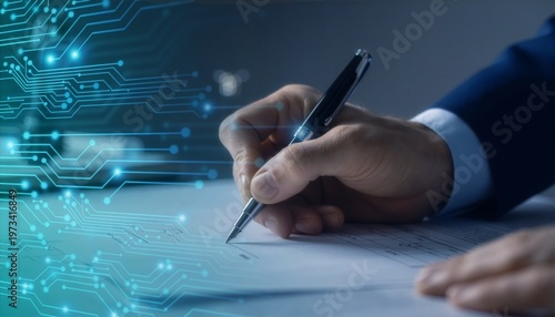 A person's hand signing a document with a pen, with digital circuit graphic