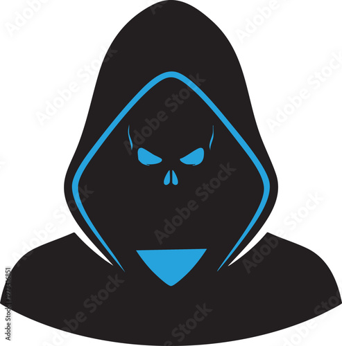 A stylized graphic of a mysterious hooded figure with a glowing blue skull beneath the hood