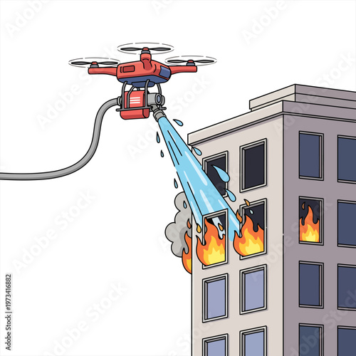 Drone spraying water on a burning building, assisting firefighters in extinguishing a dangerous blaze