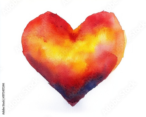 warm watercolor heart in red, orange and yellow with soft blended edges on white background expressing love and passion