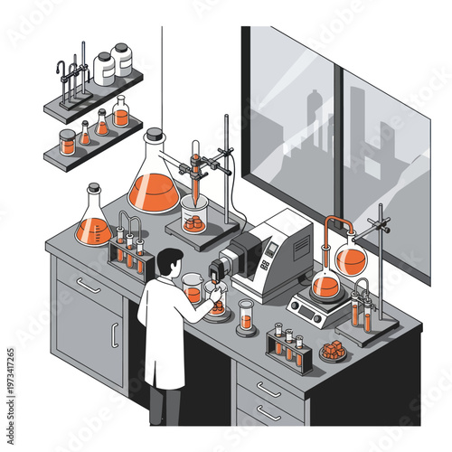 Isometric View of a Scientist Conducting Experiments in a Laboratory.