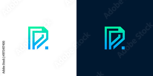Modern D letter logo design with gradient blue-green colors on white and dark backgrounds