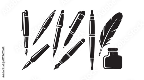 Handwriting and calligraphy icon pack with ink bottle and pen symbols