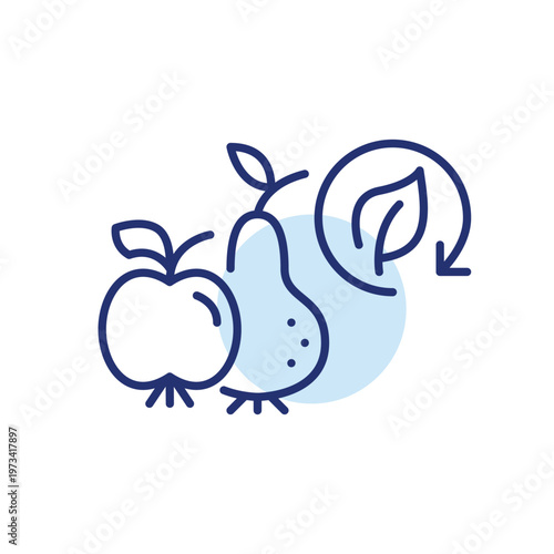 Apple, pear and leaf in renew arrow. Sustainable fruits farming. Pixel perfect, editable stroke vector icon