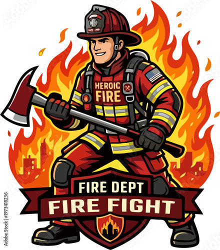Heroic Firefighter Mascot Logo with Axe and Flames, Fire Department Vector Illustration