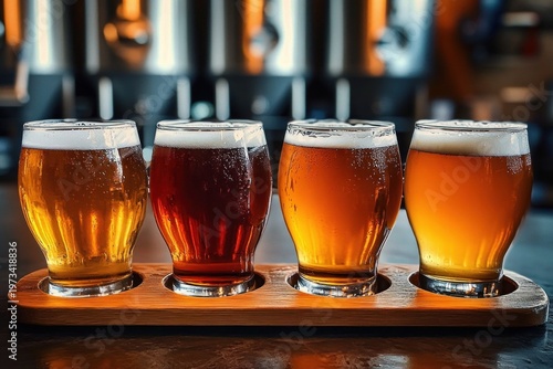 four craft beers in rounded tasting glasses on a wooden paddle with foamy heads and condensation, amber and copper hues against blurred brewery taps, warm inviting cozy mood