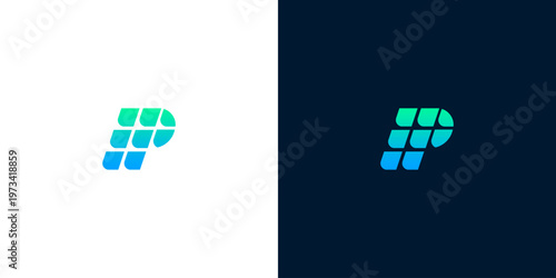 Modern P Letter Logo Design with Digital Grid Aesthetic in Gradient Blue and Green Tones, Symbolizing Innovation, Data, and Connectivity for Business and Technology Brands