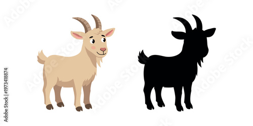 Cute cartoon goat and its black silhouette for kids educational game