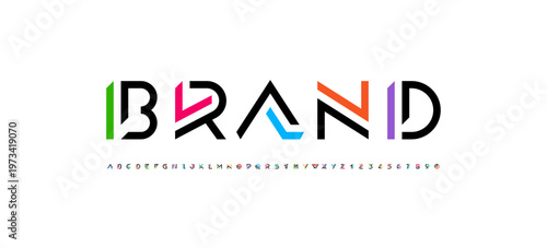 Logo font alphabet from color segment lines, technology letters A, B, C, D, E, F, G, H, I, J, K, L, M, N, O, P, Q, R, S, T, U, V, W, X, Y, Z and numerals 0, 1, 2, 3, 4, 5, 6, 7, 8, 9, and numbers, vec