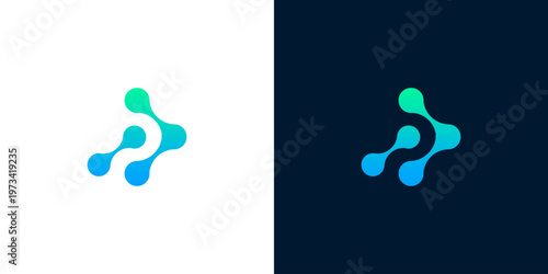 Dynamic abstract digital technology logo with interconnected rounded elements forming a forward-moving arrow, symbolizing data flow, innovation, and futuristic networks