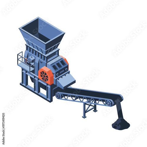 Isometric Illustration of Industrial Crusher Machine with Conveyor Belt.
