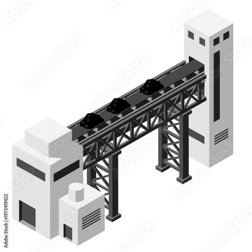 Isometric Coal Conveyor Belt System Connecting Industrial Buildings.