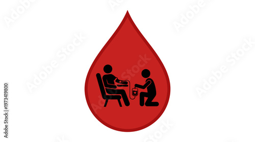 Blood Donation or Sample Collection Concept with Doctor and Patient in Red Drop Shape on Isolated White Background