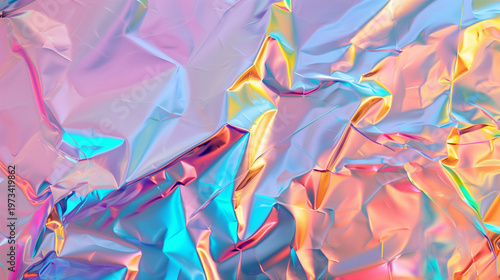 Iridescent crumpled foil texture abstract background with pastel holographic colors