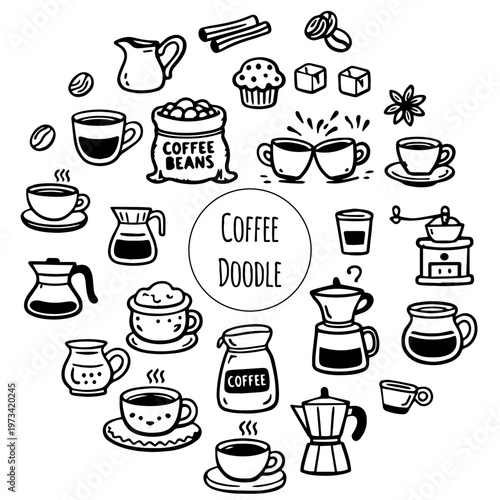 Cute doodle cartoon coffee shop icons. Outline hand drawn for coffee and bakery for cafe menu