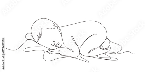 One line drawing of a newborn baby in a sleeping pose. Minimalist hand-drawn aesthetic for baby shower cards  logos  and nursery wall art.Perfect for baby care and birth concepts