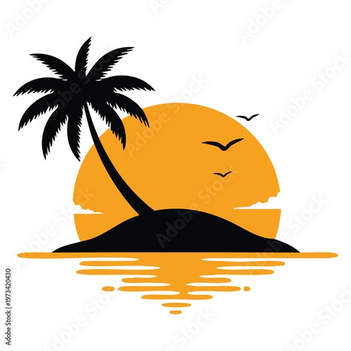 Title tropical sunset silhouette palm tree sun and ocean reflection description a vibrant silhouette of a palm tree against a large orange