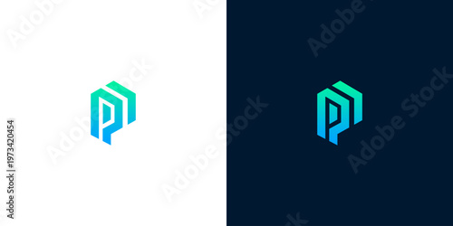 Geometric logo design featuring abstract letter P with gradient colors on white and dark blue backgrounds