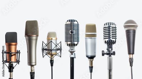 Collection of studio microphones isolated on white background for audio recording and broadcasting