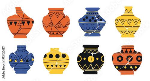 Collection of eight colorful ancient pottery vases with unique tribal patterns.