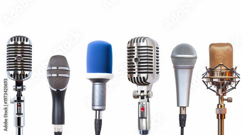 Collection of studio microphones isolated on white background for audio recording and broadcasting