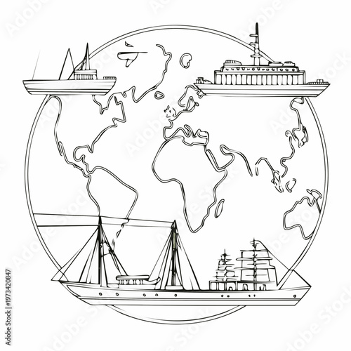 Global Maritime Travel and Shipping Routes with Various Vessels.