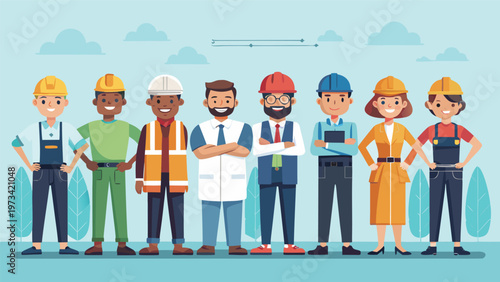 Group of diverse professional construction workers in uniforms and hard hats
