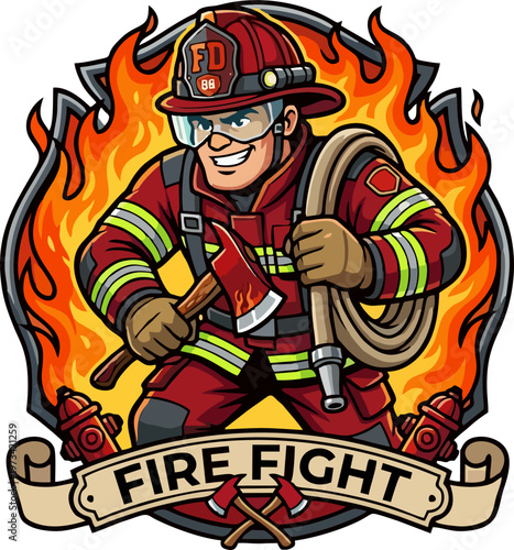 Firefighter Mascot Logo with Axe and Hose, Fire Department Badge Cartoon Character, Bold Fire Fight Emblem Design