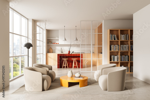 Bright modern interior living room and kitchen featuring cozy seating, large windows, warm wood accents and refined architecture design elements throughout the space. 3D Rendering