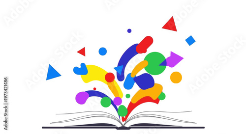 Colorful abstract shapes exploding from an open book.