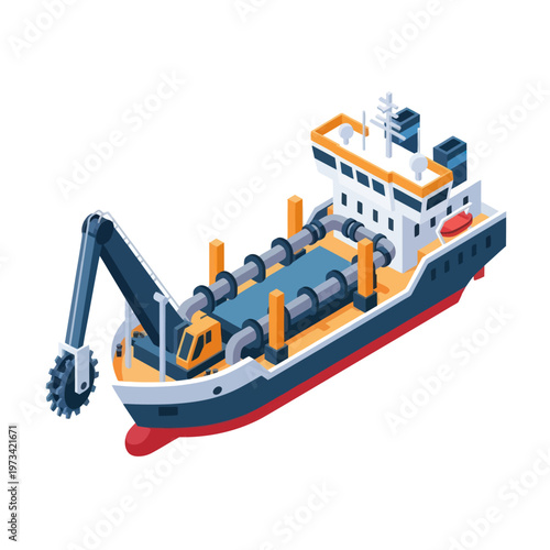 Isometric Dredger Ship - A Detailed Illustration of Maritime Engineering.