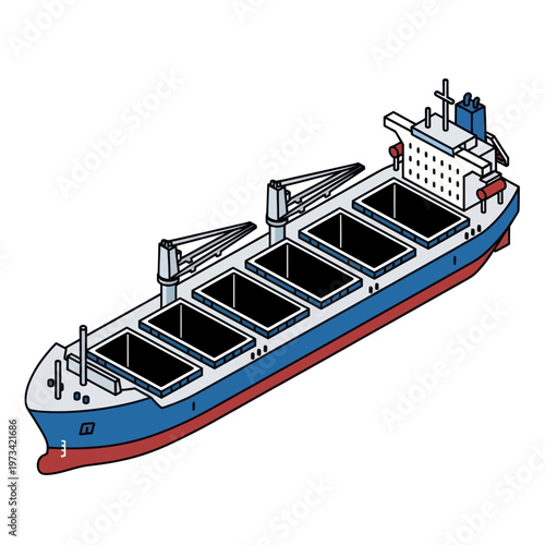 Illustration of a bulk carrier ship with open cargo holds.