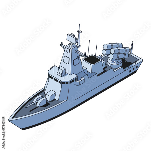 Cartoon Illustration of a Modern Warship with Missile Launchers.