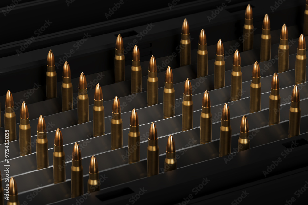 Fototapeta premium Rows of metallic ammunition cartridges arranged in precise parallel rows inside a structured container under subtle moody lighting creating a striking scene. 3D Rendering