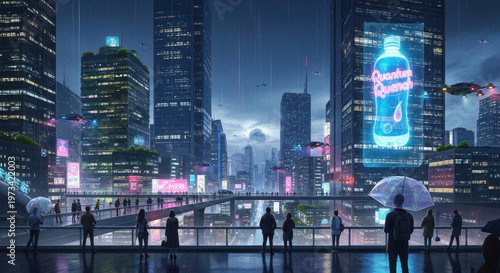 people standing on a bridge in a futuristic cityscape at night with neon lights