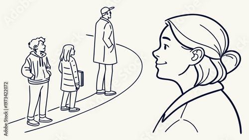 A woman smiles in anticipation as she waits, while a diverse group stands behind her on a curved path.