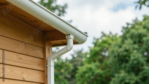 Half-Round Metal Gutter Attached to Wooden House with Downspout