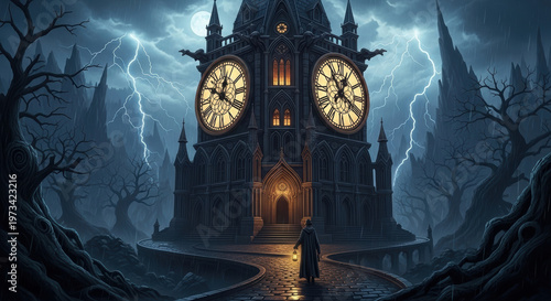 a person approaches a gothic clock tower on a stormy night