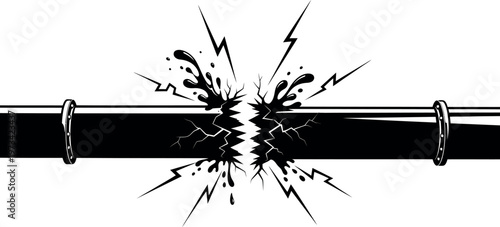 Black silhouette of broken pipeline spilling oil with splash and lightning bolts on transparent background.