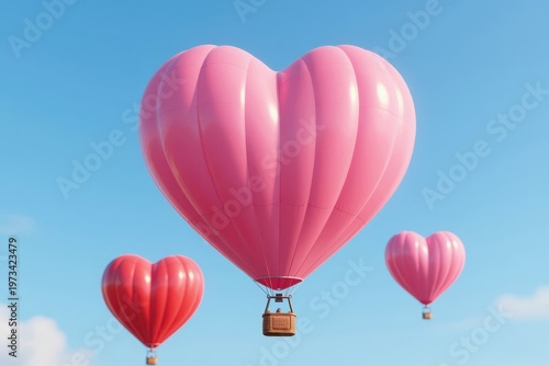 Heart-Shaped Pink Hot Air Balloons Flying in a Blue Sky