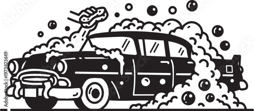 Vintage Car Wash Vector Icon with Soap Bubbles