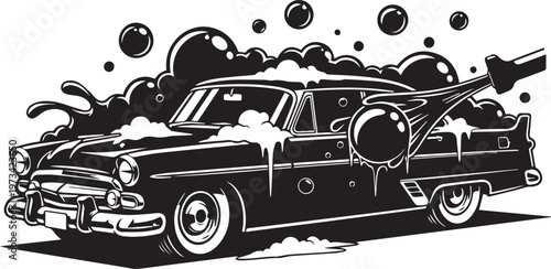 Retro Vintage Car Wash Vector Illustration with Soap Bubbles